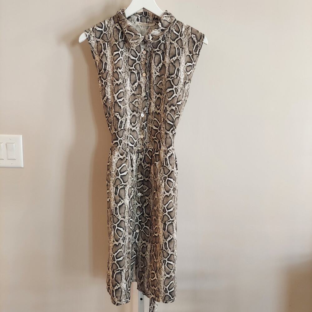 Laura Bianchi Sleeveless‎ Linen Shirt Dress Snakeskin Print Belted Button Up Tie